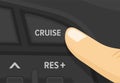 Safe car driving. Finger pressing cruise control button. Close-up view.