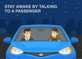Safe car driving rules and tips. Night driving. Stay awake by talking to a passenger. Night city road.
