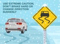 Don`t brake hard or change direction. Close-up view of a `Slippery road` sign. Skidded white suv car on the road. Royalty Free Stock Photo