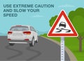 Use extreme caution and slow your speed on slippery road. Warning road sign. Skidded white suv car. Royalty Free Stock Photo