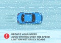 Safe car driving rules and tips. Winter season driving. Reduce your speed, avoid driving over the speed limit on wet or icy roads. Royalty Free Stock Photo