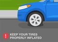 Close-up view of a blue modern car and front flat tire. Keep your tires properly inflated.