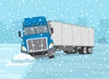 Front view of a truck skidded across the icy road. Blue semi-truck loses control and gets stuck at the edge of the road. Royalty Free Stock Photo