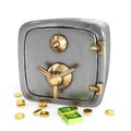 Safe Cartoon Toy with coins and stack of bills isolated on white