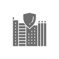 Safe city, town with shield, secure grey icon.