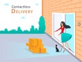 Safe contactless delivery concept. Woman pick up parcel box at the door in front of her house. Non-contact fast delivery service