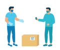 Safe contactless delivery of goods to buyer. Man courier delivered parcel box to customer. Coronavirus pandemic concept. Vector