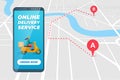 Safe contactless delivery service app on smartphone screen with woman courier in moped helmet on motor scooter Royalty Free Stock Photo