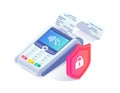 Safe contactless payments isometric concept. 3d payment machine printing check behind shield isolated on white. Cashless