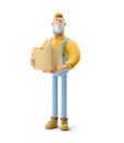 3d illustration. Cartoon character. Deliveryman in a medical mask holds a box with a parcel in his hands. Safe delivery concept.