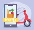 Safe delivery at home during coronavirus covid-19, scooter smartphone grocery bag food ordering Royalty Free Stock Photo
