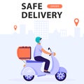 Safe delivery service concept. Man courier riding scooter with delivery bag on the city background. Royalty Free Stock Photo