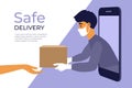 Safe delivery service concept. Stay home, order food or goods online by smart phone.