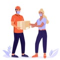 Safe delivery service concept. Woman receive package from courier.