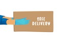 Safe delivery vector cartoon banner for Save Delivery Services and E-Commerce during covid quarantine. Hands in gloves
