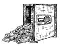 Safe deposit box full of paper money sketch vector illustration. Design of cash in vault, concept of wealth security or Royalty Free Stock Photo