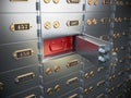 Safe deposit boxes with open one safe cell.