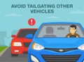 Safe driving rules and tips. Avoid tailgating other vehicles. Young male driver looking at rear mirror while driving a car.