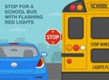 School bus stop rules. Stop for a bus with flashing red lights. Back view of a yellow bus and blue car on the city road. Royalty Free Stock Photo