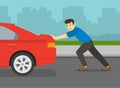 Safe driving tips and rules. Young man pushing a broken red car on a city road.