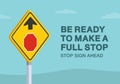 Be ready to make a full stop, stop sign ahead road sign. Close-up view.