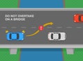 Blue car is passing the other car. Do not overtake on a bridge. Safe driving tips and traffic regulation rules.