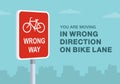 Close-up of United States wrong way on bike lane sign.