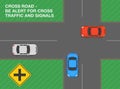 Safe driving tips and traffic regulation rules. `Cross road` ahead, be alert for cross traffic and signals. Road sign meaning.