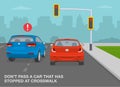 Safe driving tips and traffic regulation rules. Do not pass a car that has stopped at crosswalk or traffic light.