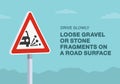 Drive slowly, loose gravel or stone fragments on a road surface sign. Close-up view.