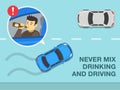 Safe driving tips and traffic regulation rules. Never mix drinking alcohol and driving. Car is about to hit oncoming vehicle.