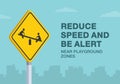 Reduce your speed and be alert near playground zones sign. Close-up view. Royalty Free Stock Photo