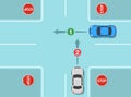 Safe driving tips and traffic regulation rules. Right of way at junction with four way stop sign. Cars on cross intersection.