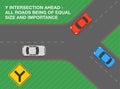 Safe driving tips and traffic regulation rules. Y intersection, all roads being of equal size and importance. Royalty Free Stock Photo