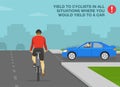 Yield to cyclists in all situations when you would yield to a car. Back view of a cyclist cycling on a priority road. Royalty Free Stock Photo