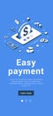 Safe and easy payment use financial ATM application with cash money coin mobile banner vector