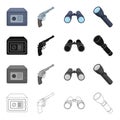 Safe with an electronic lock, a detective gun, binoculars, a flashlight. Detective and agent set collection icons in