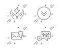 Safe energy, Scroll down and Search mail icons set. Quick tips sign. Thunderbolt, Swipe arrow, Find letter. Vector