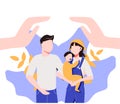 Safe family vector illustration. Symbolic protection flat tiny persons concept. Couple with children in holding hands and standing