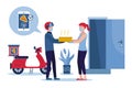 Safe fast food delivery at home during coronavirus covid-19 epidemic, man delivering a bag with a ready meal to a customer and kee Royalty Free Stock Photo