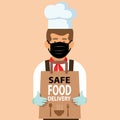 Safe food delivery at home during coronavirus covid-19 epidemic: delivery man holding a bag with fast food, he is wearing a face Royalty Free Stock Photo