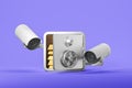 Safe with Gold Bars and Security Cameras on Purple Background. 3D Rendering
