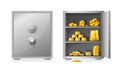 Safe with gold. Cartoon hidden golden bars. Open or closed strongbox. Money storage. Metal ingot and nugget heaps. Steel Royalty Free Stock Photo