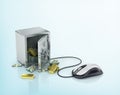 Safe with gold and money and computer mouse.Internet banking, pa Royalty Free Stock Photo