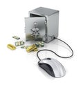 Safe with gold and money and computer mouse. Royalty Free Stock Photo