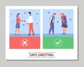 Safe greeting banner with people keep social distance, flat vector illustration.