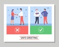 Safe greeting cards with people greeting contactlessly, flat vector illustration.