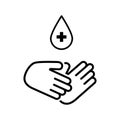 Safe hand wash icon. Hand with drop cross isolated icon. Hygiene black icon