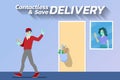 Safe at home delivery during coronavirus covid-19 crisis epidemic. A Man who wear mask and gloves delivering a product or goods to