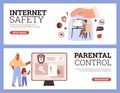 Safe internet and parental control of kids online, poster set flat vector illustration. Royalty Free Stock Photo